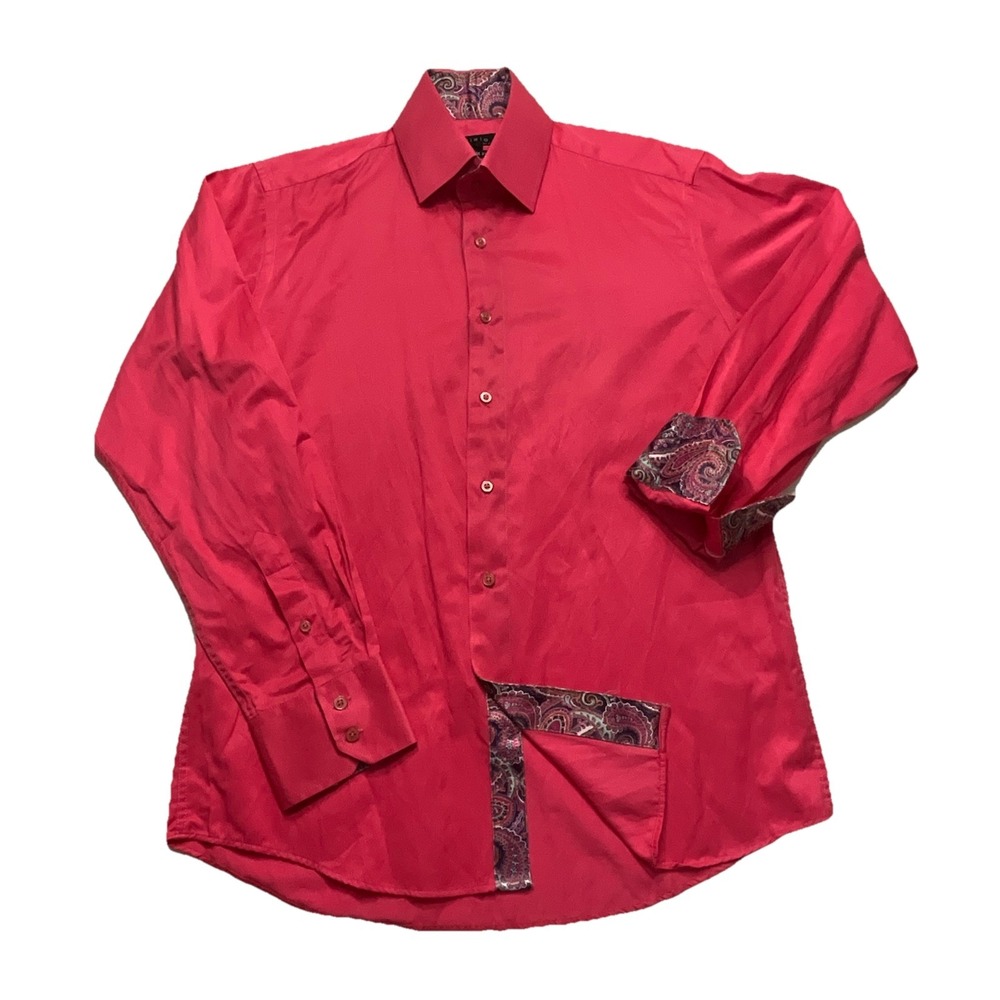 Cielo by Phita Mens Dress Shirt Slim Fit Red Paisley Trim Long Sleeve Large